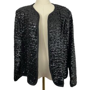 Vintage Full Sequin Open Front Jacket Womens S/M Black Cocktail Party Sparkle